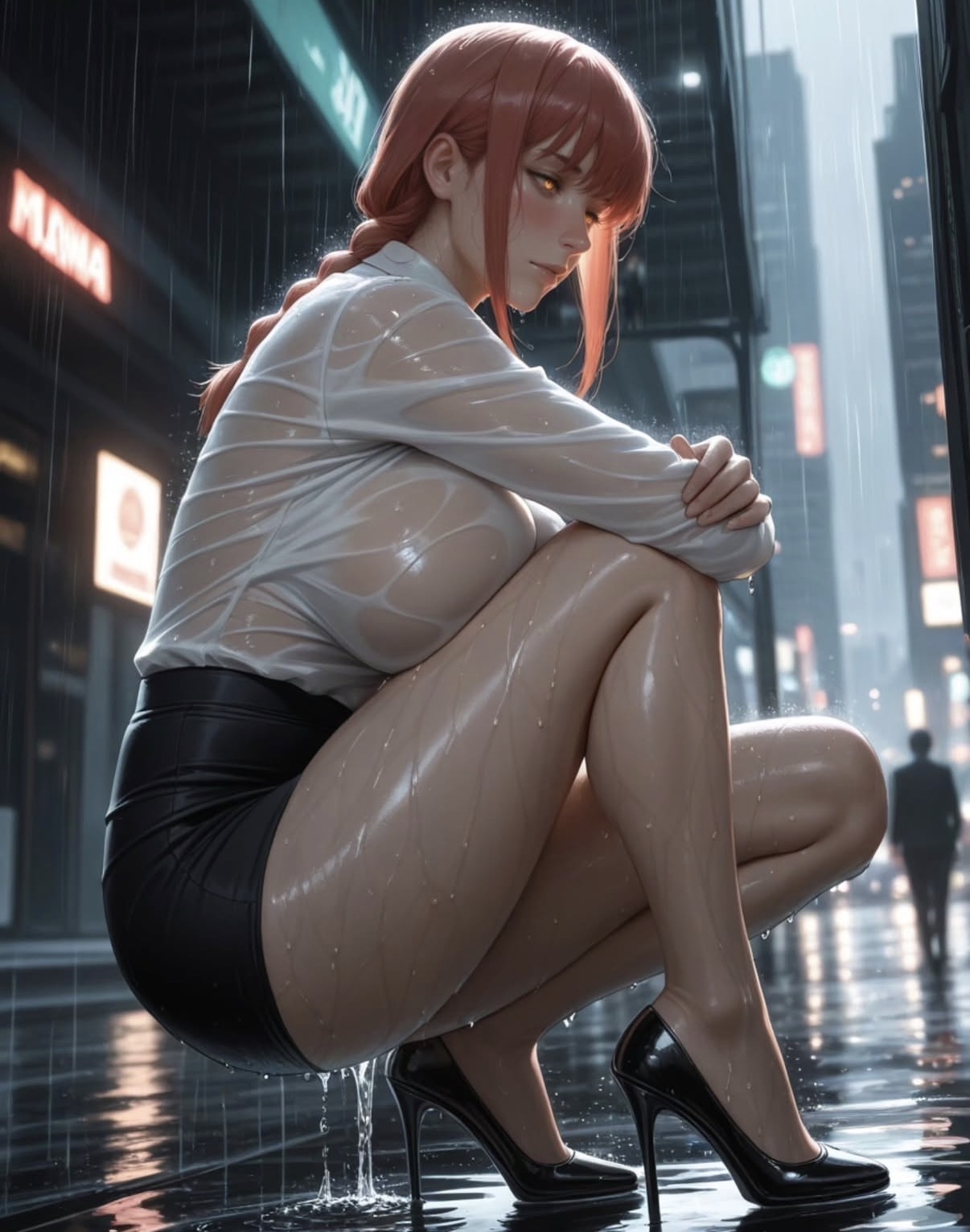 Makima from Chainsaw Man crouching on a rain-soaked city street at night in a wet white shirt and heels