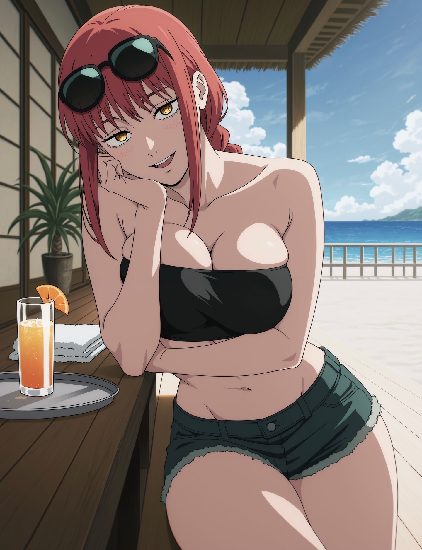 Makima from Chainsaw Man at a seaside bar with sunglasses on her head and a cocktail beside her