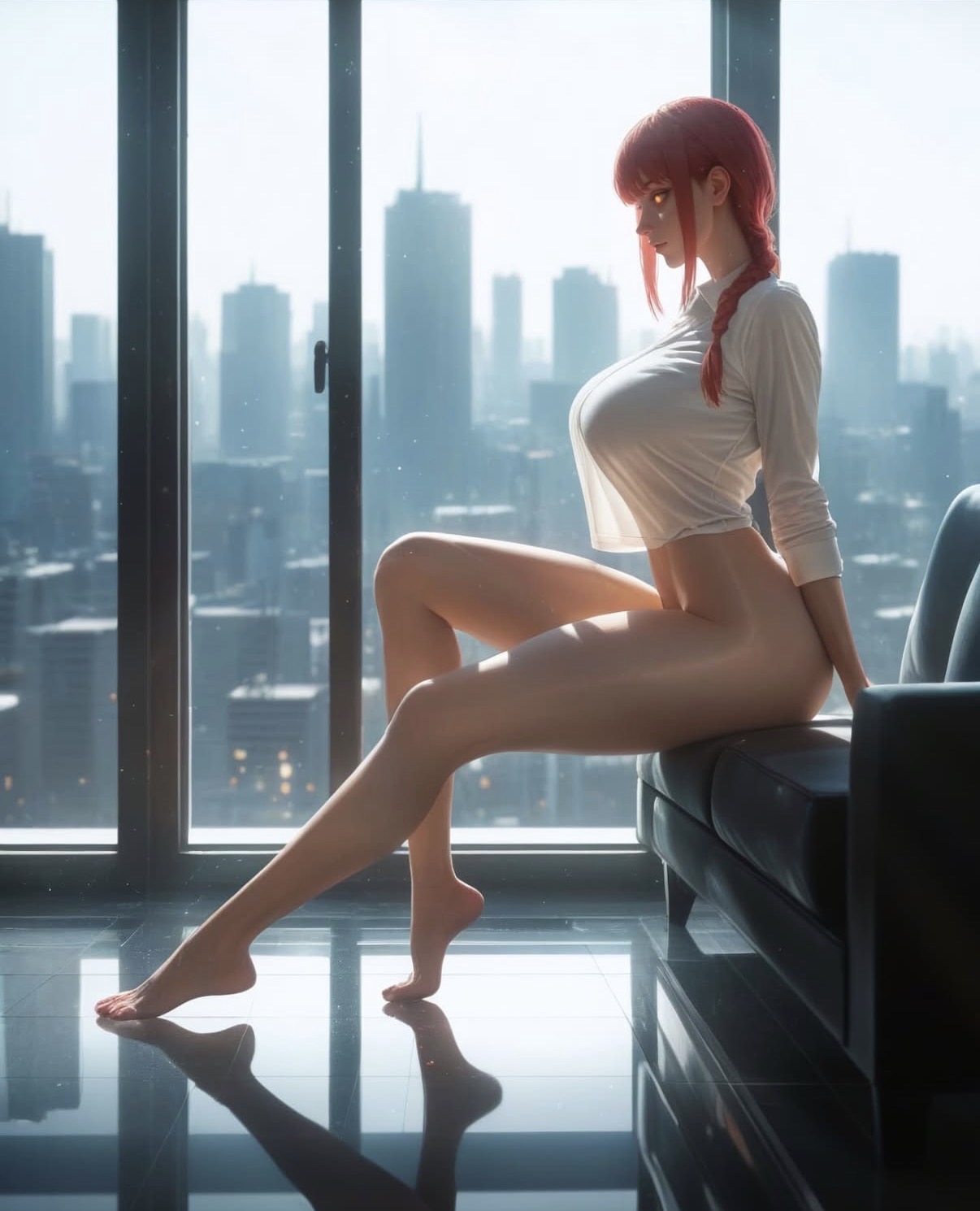 Makima from Chainsaw Man sitting on a ledge by tall windows overlooking the city skyline