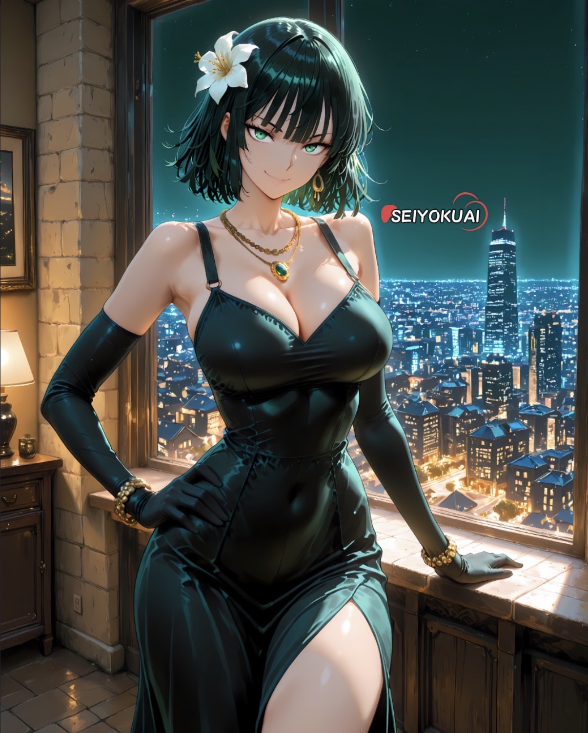 Fubuki in a black dress with a white flower in her hair, posing by a window over the city at night