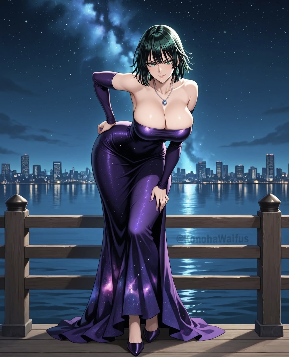 Fubuki in a long purple gown and gloves, leaning on a railing by the harbor under a starry sky