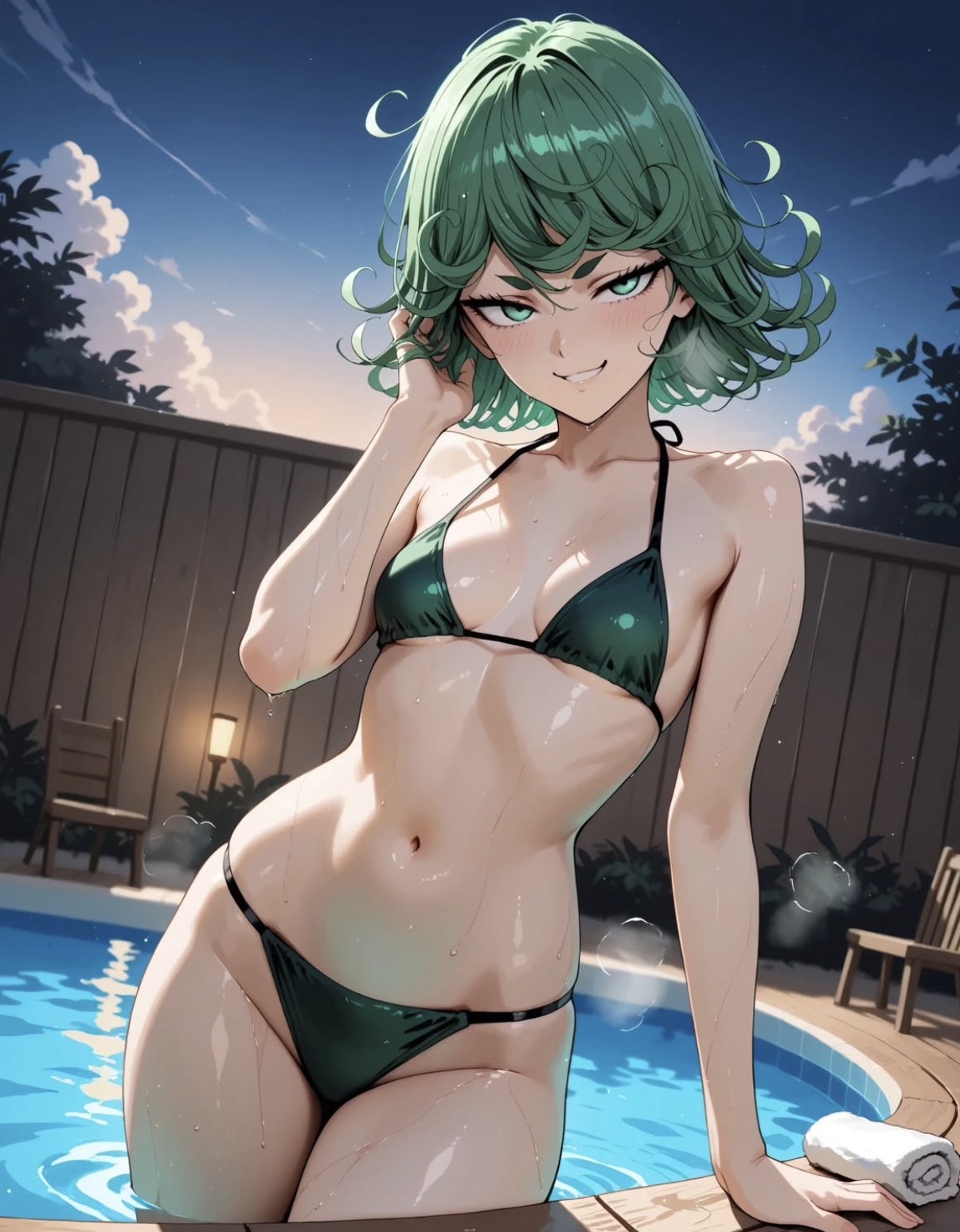 Tatsumaki in a green bikini sitting at the edge of a pool at night, smiling at the viewer
