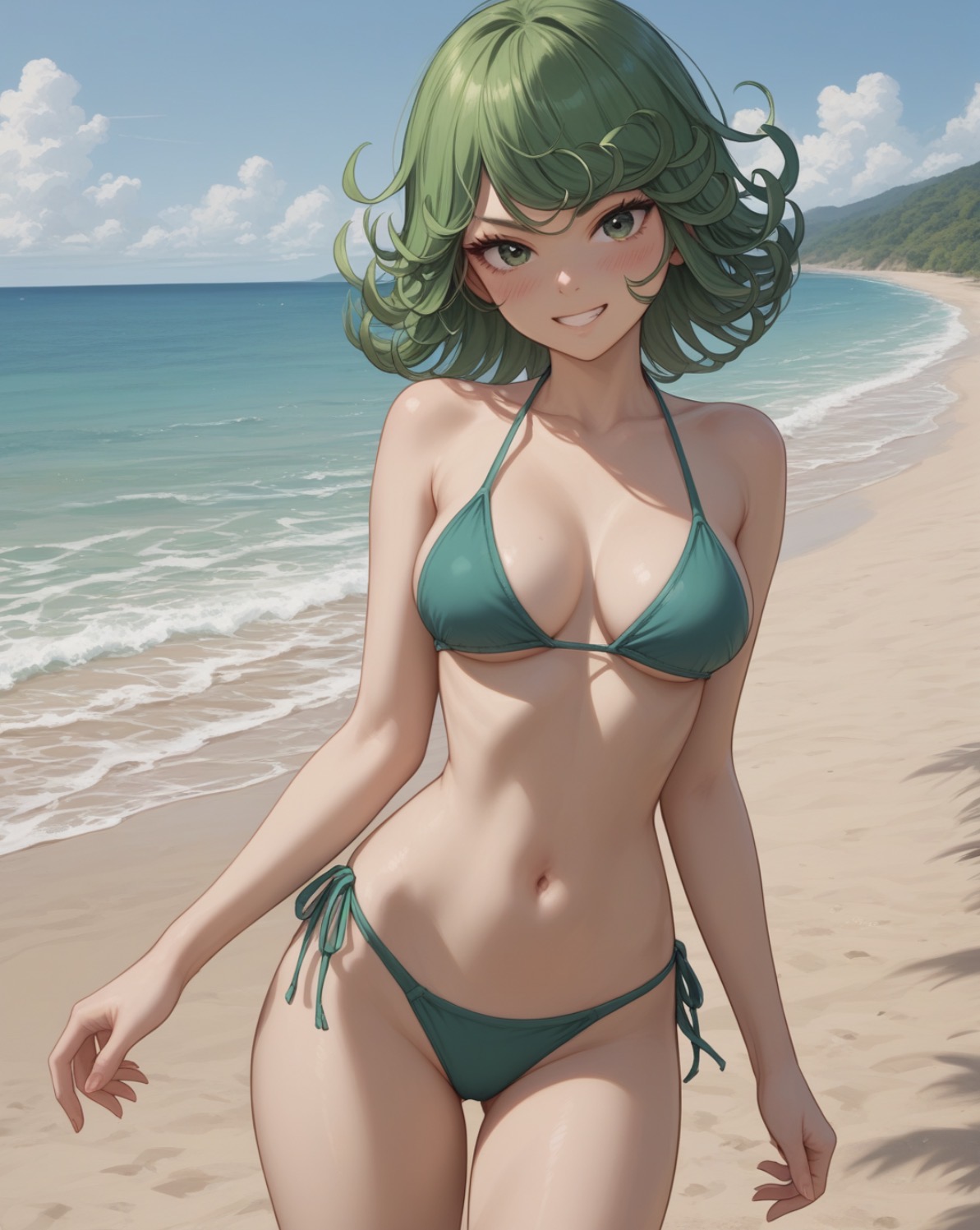 Tatsumaki walking along a sunny beach in a green bikini, smiling with the sea behind her