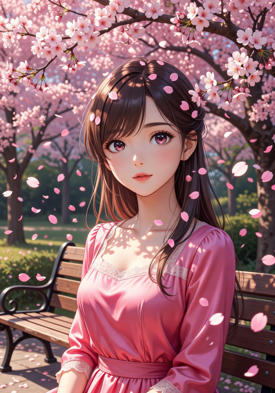 A woman with long dark hair in a pink dress sitting under cherry blossom trees, petals falling around her