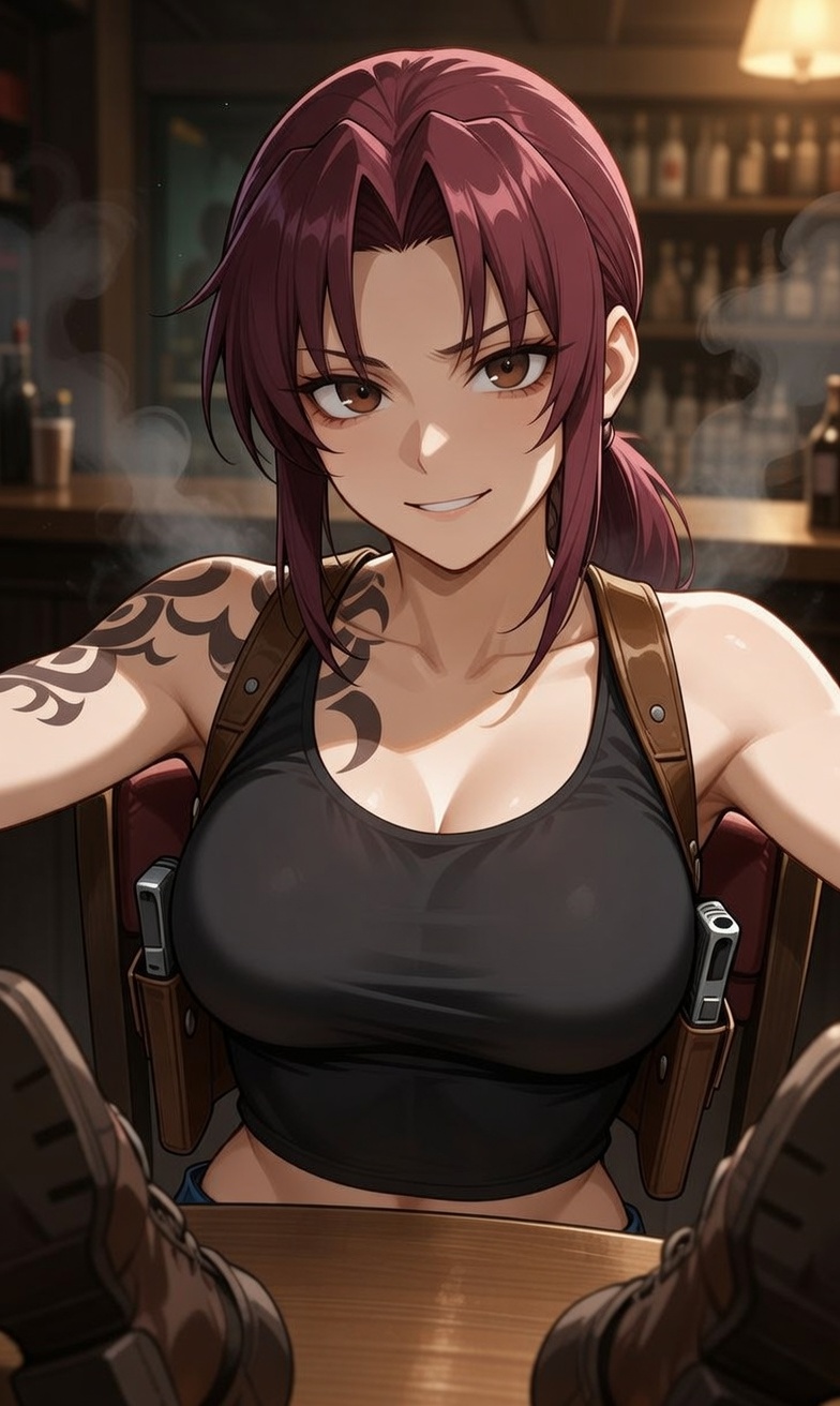 Revy from Black Lagoon leaning back with her boots on the table in a dim, smoky bar, smirking at the viewer