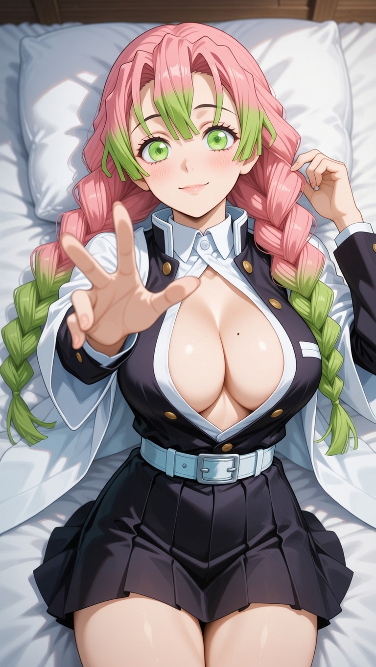 Mitsuri lying back on a soft futon with a gentle blush, reaching out affectionately toward the viewer