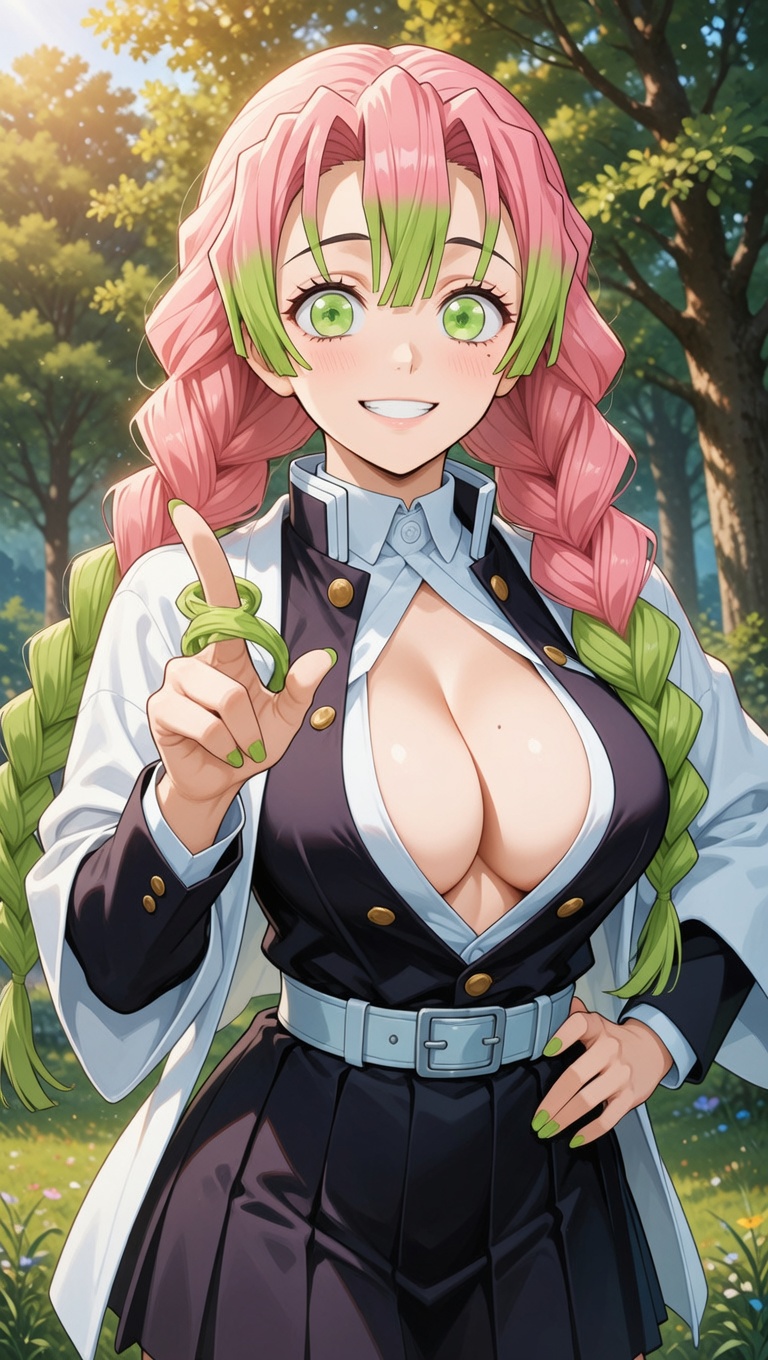 Mitsuri standing in a sunlit clearing with one hand on her hip, pointing playfully at the viewer with a wide…