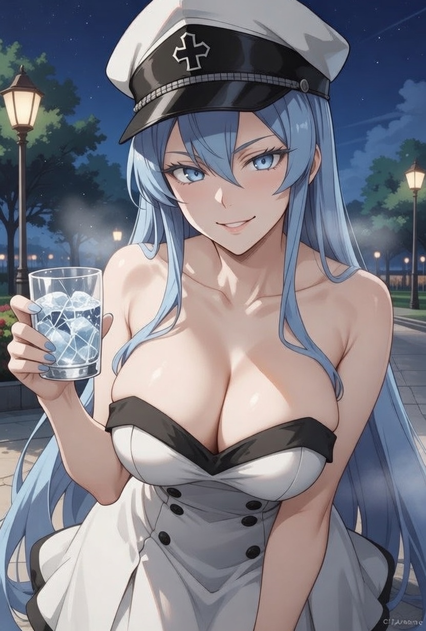 Esdeath from Akame ga Kill! leaning forward with a cold, dominant smirk and an icy gaze
