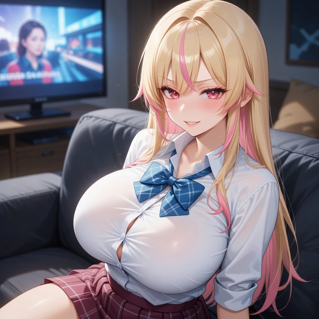 Madison Carter leaning back on a couch in a dim living room lit by a paused movie, smirking sideways