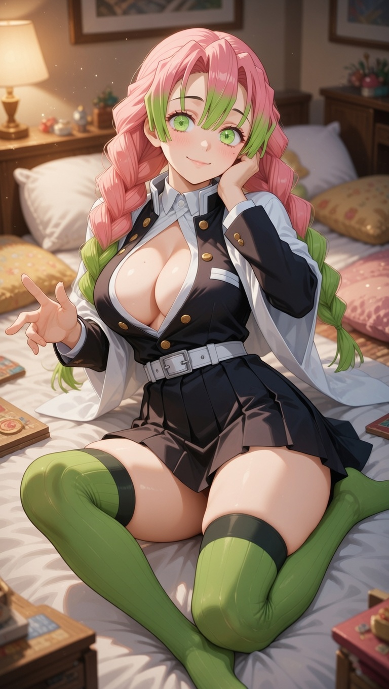 Mitsuri lying sideways on a futon in a softly lit bedroom, head propped on her hand with a warm, sleepy grin