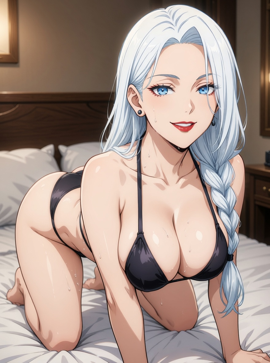 Mei Mei kneeling on a bed in a private room, looking back over her shoulder with a slow smirk