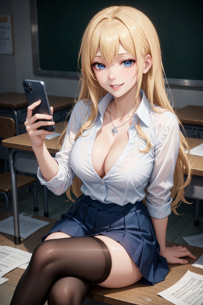 Mikaela Reizen leaning on a desk in a dim room after hours, smirking as she holds up her phone