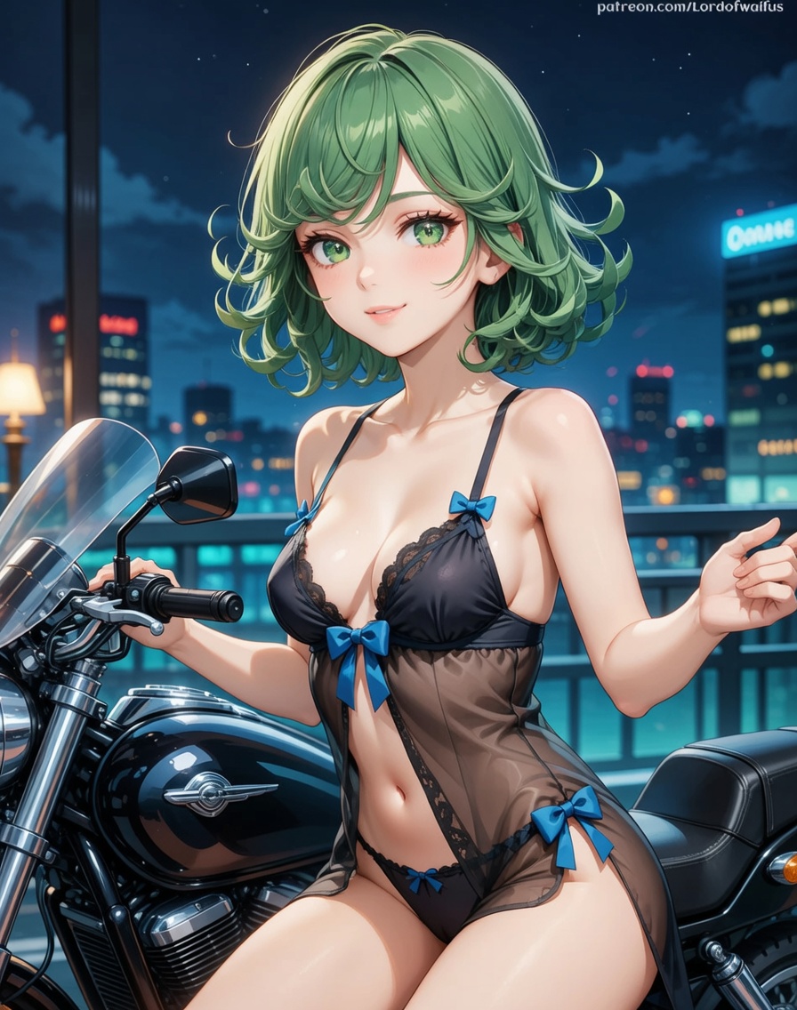 Tatsumaki sitting sideways on a motorcycle, one hand on the handlebar, reaching back with a soft smile