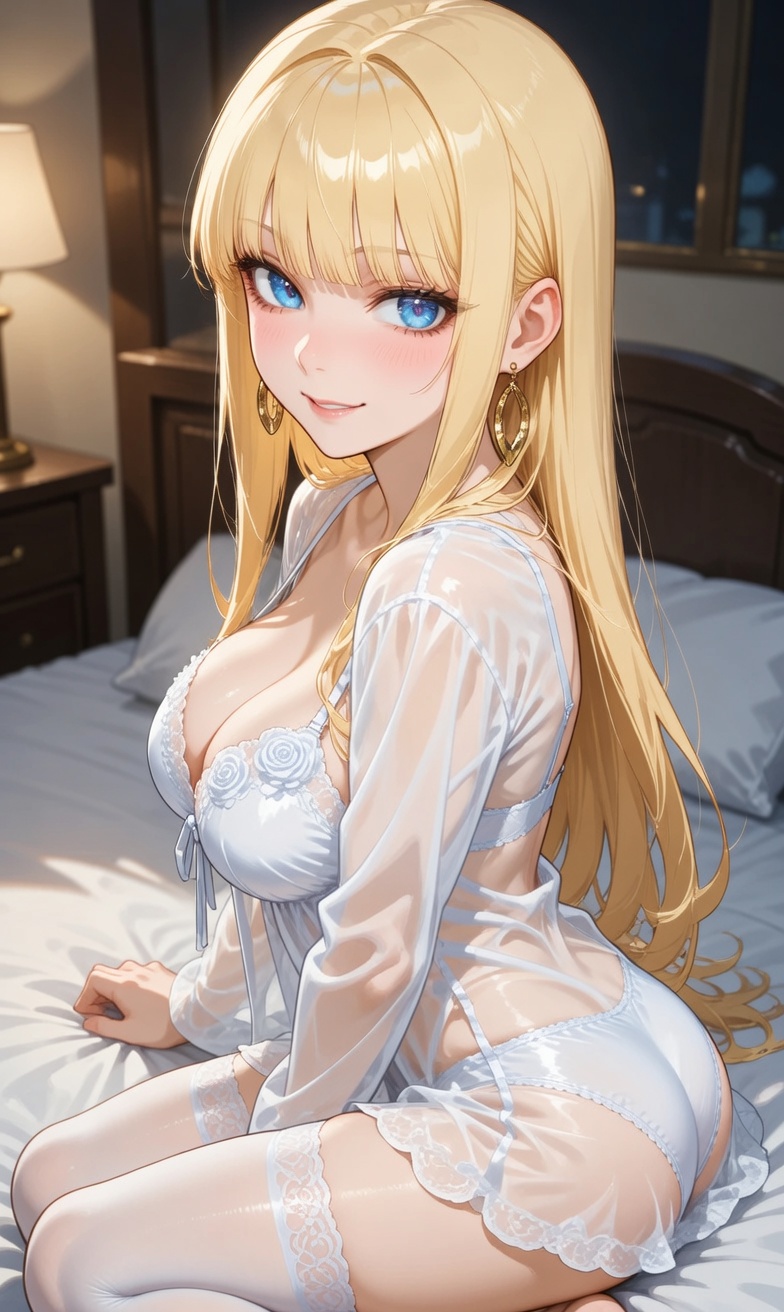 A woman sitting on the edge of a bed in a dim bedroom, looking over her shoulder with a sly, knowing smile