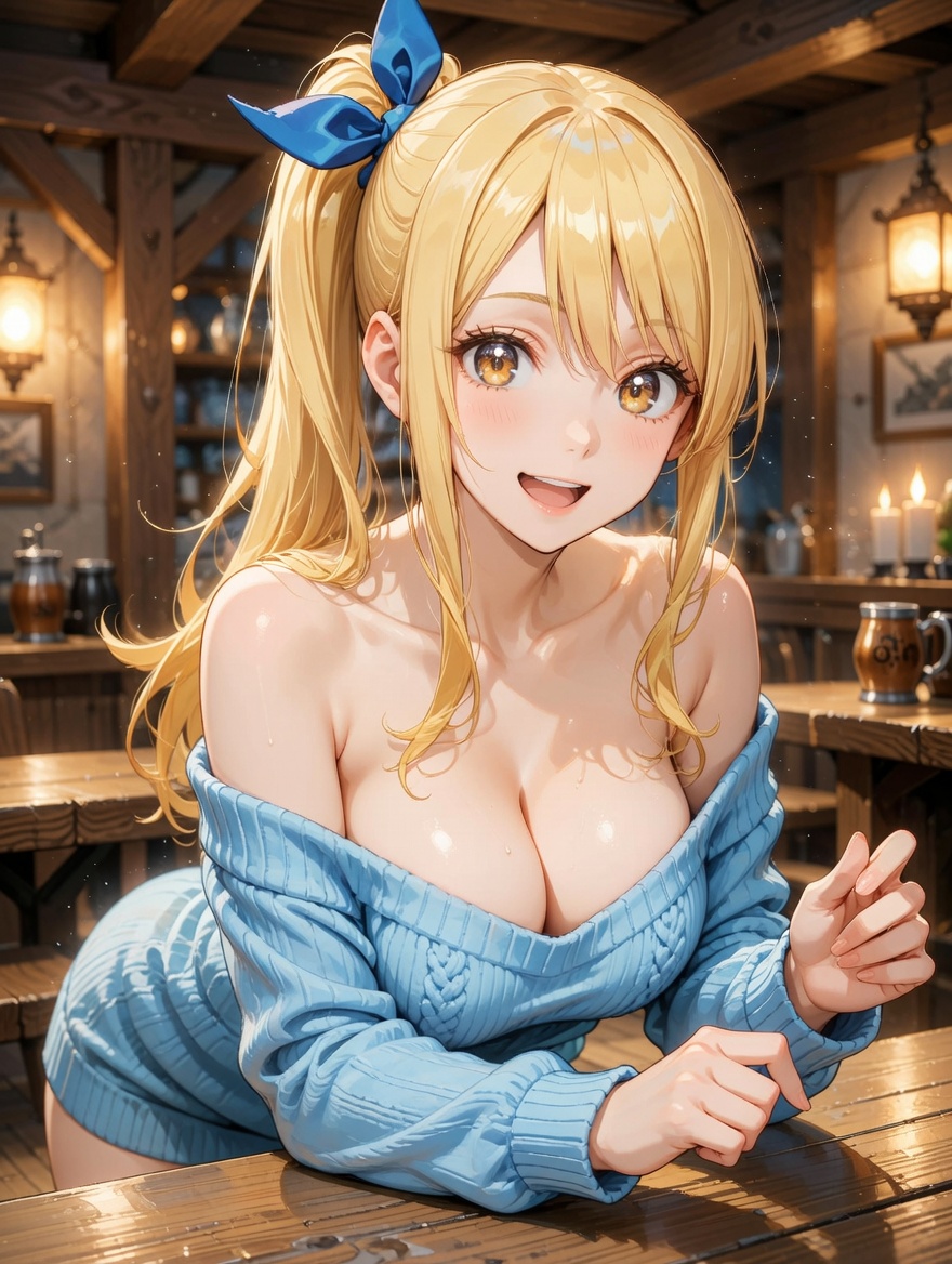 Lucy Heartfilia from Fairy Tail leaning across a tavern table, eyes sparkling as she talks about future plans