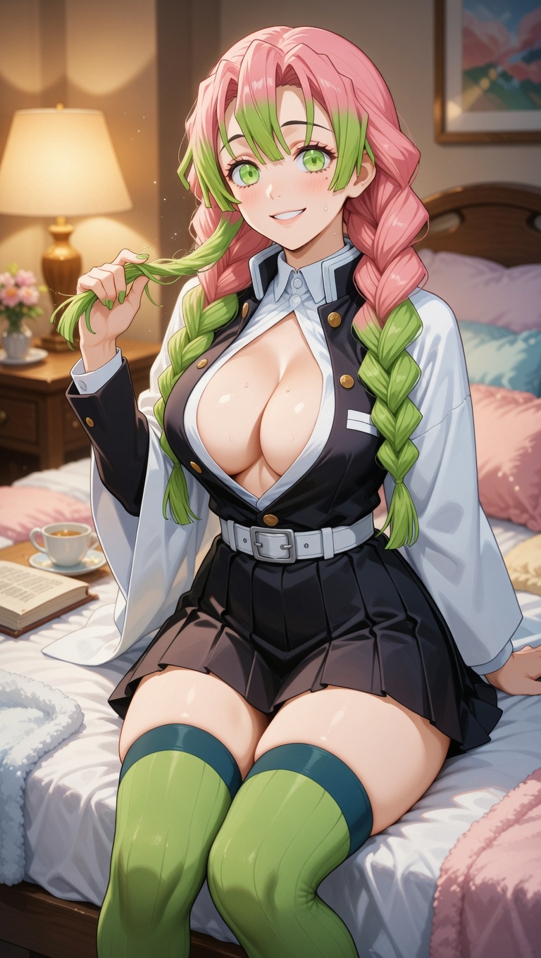 Mitsuri perched on the edge of a rumpled bed in a softly lit bedroom, twirling the tip of her braid with a grin