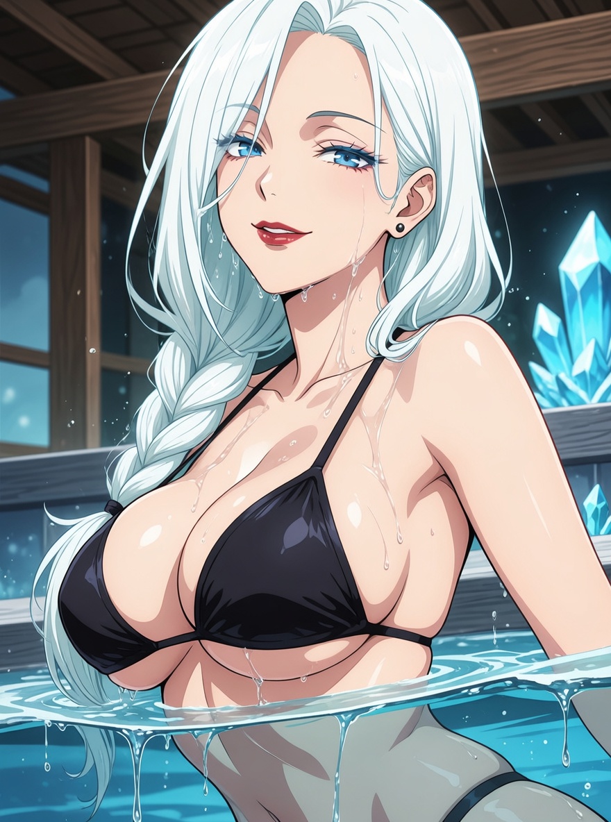 Close-up of Mei Mei leaning against the pool edge, water dripping from her hair, looking at the viewer