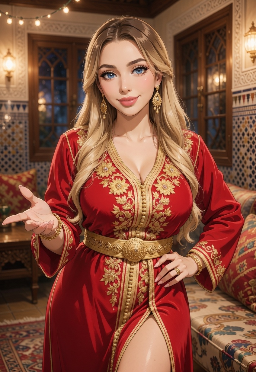 Rania Marzouki posing in a Moroccan apartment lit with warm amber light, one hand on her hip, inviting you closer