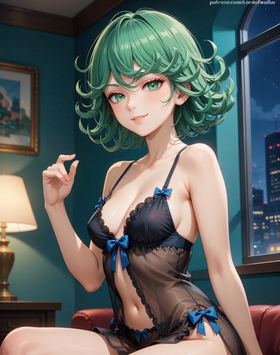 Tatsumaki leaning back and glancing over her shoulder with a confident, playful smirk