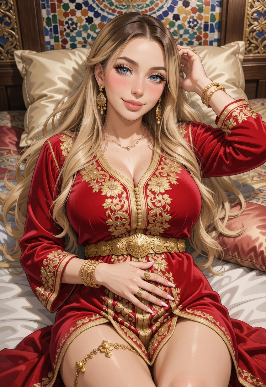 Rania Marzouki lying on a rumpled bed with a relaxed, flushed expression, gazing at the camera