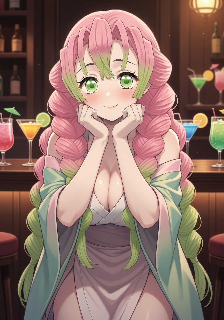 Mitsuri Kanroji in a softly lit bar lounge in her Demon Slayer uniform, braids framing her flushed cheeks