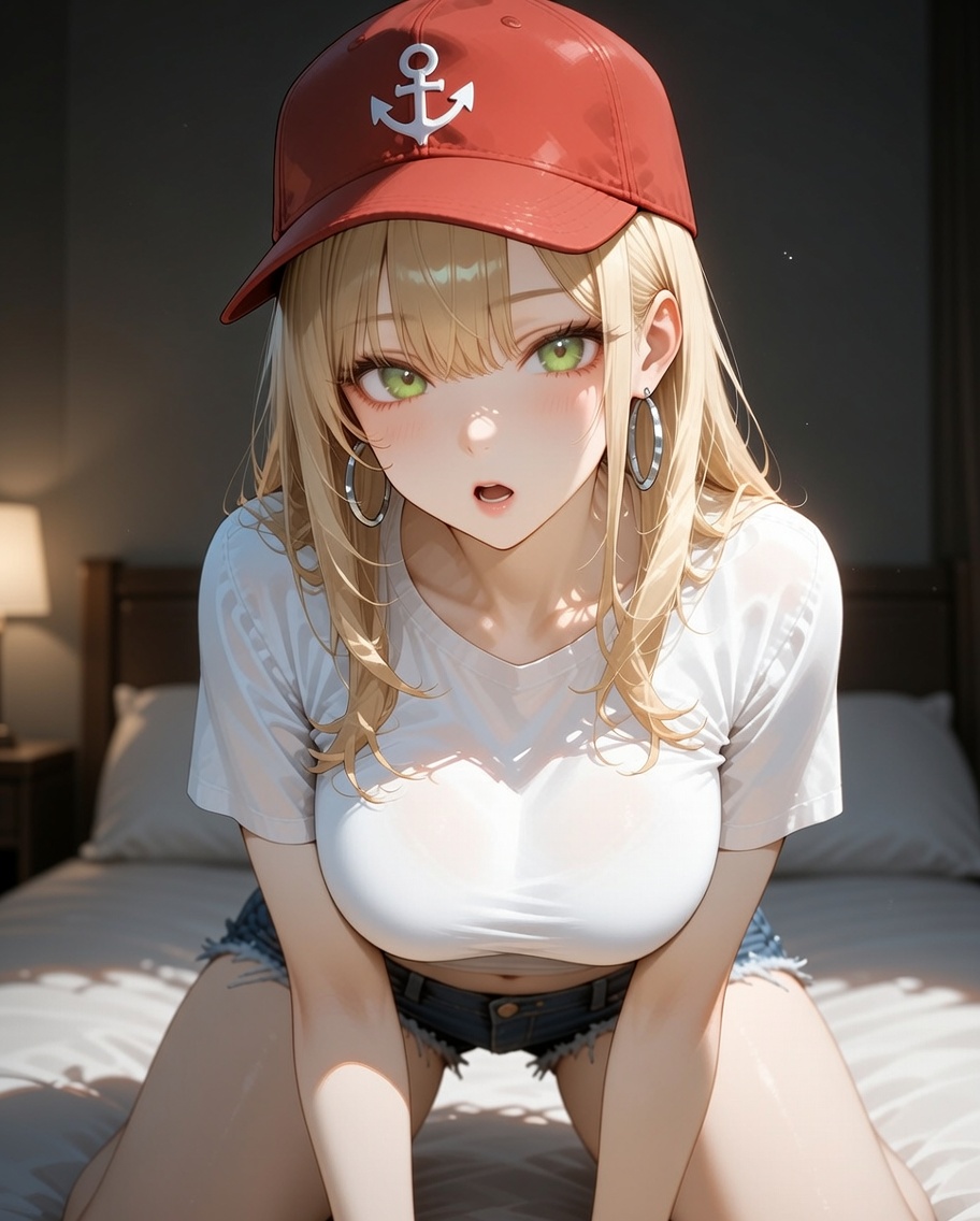 Marin Katagawa in a dim bedroom, turning to face the viewer as she leans in close