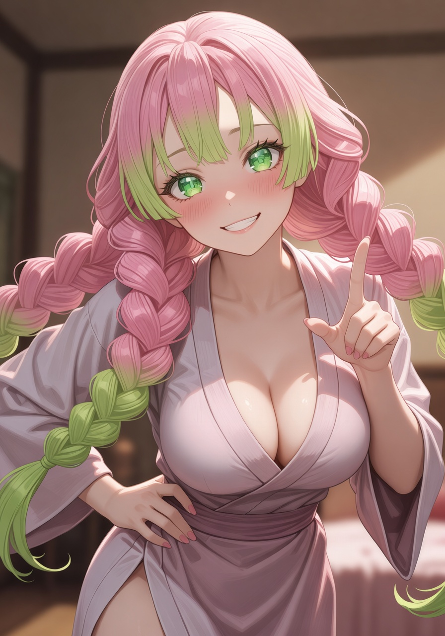Mitsuri Kanroji pointing teasingly with one hand on her hip, her pink and green braids swinging