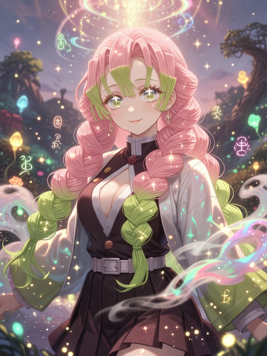 Mitsuri Kanroji from Demon Slayer with her pink and green braids, anime-style AI portrait