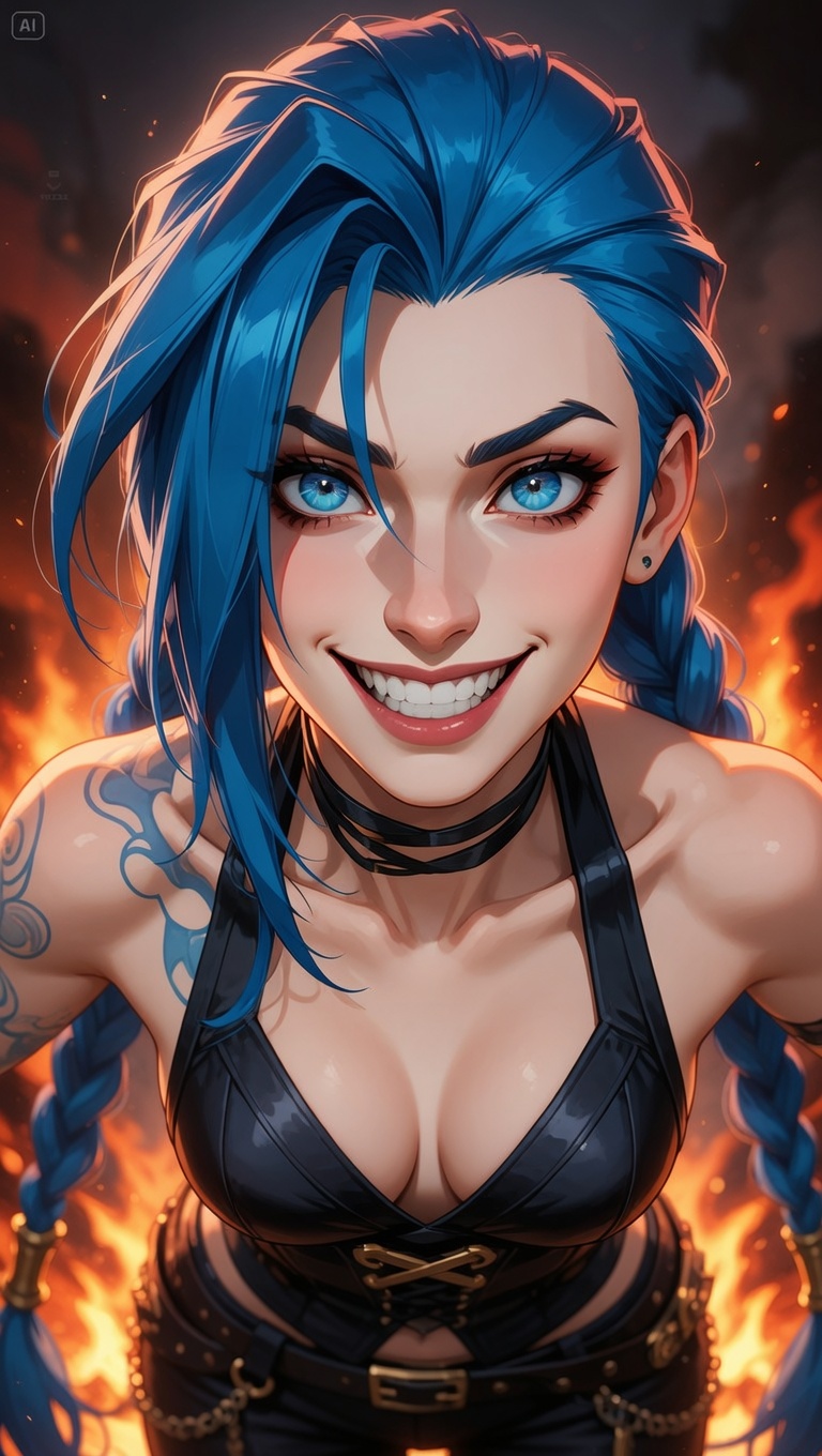 Close-up of Jinx from Arcane with a manic grin, lit by the glow of distant fires