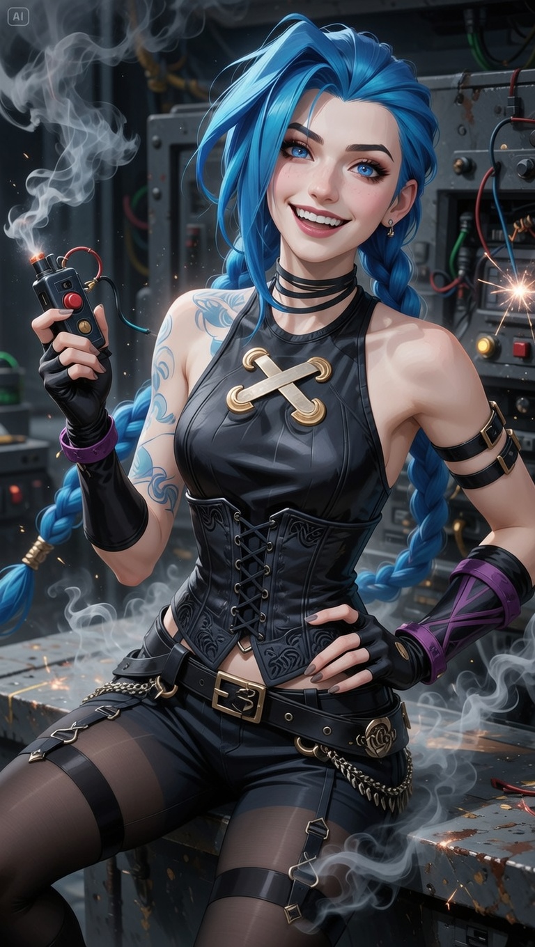 Jinx perched on a grimy, sparking console with smoke curling around her, grinning at the viewer