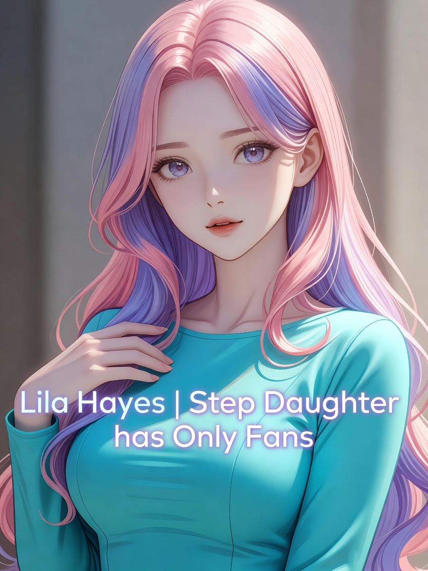 Lila, teal hair in a messy high bun, sits cross-legged on her bed in a cozy bedroom, blue eyes bright in warm…