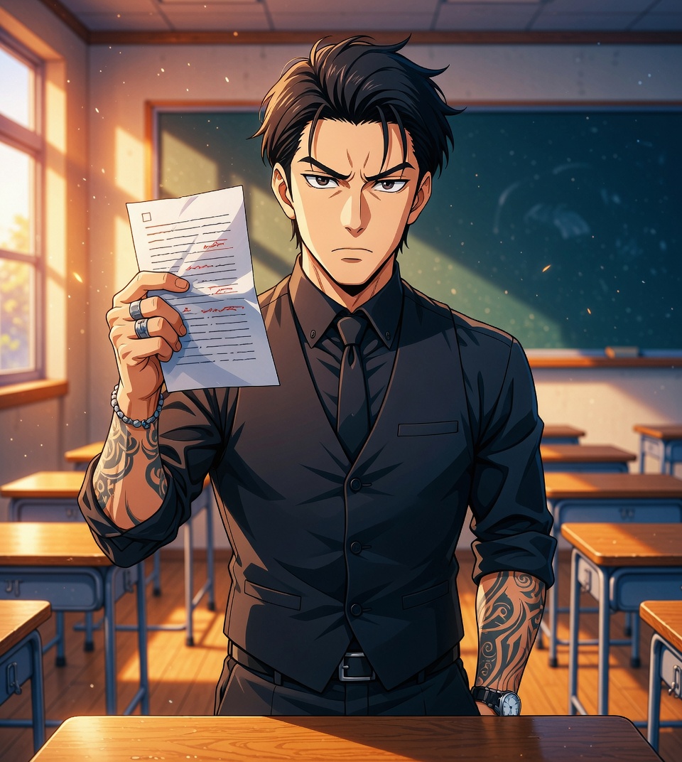 Noah, a stern teacher, standing at the front of an empty classroom after hours holding up a paper
