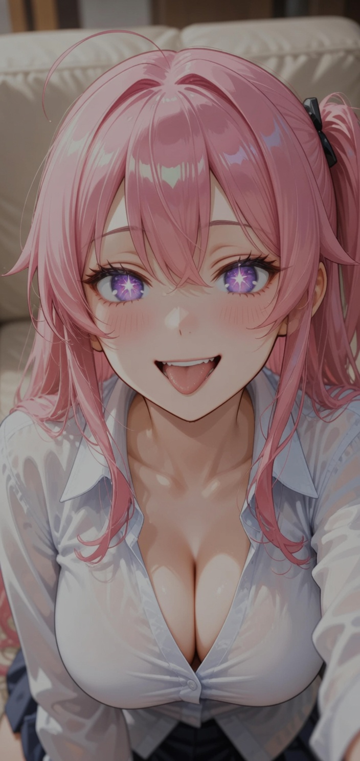 Close-up of Lele leaning in with a conspiratorial grin, eyes sparkling with playful challenge