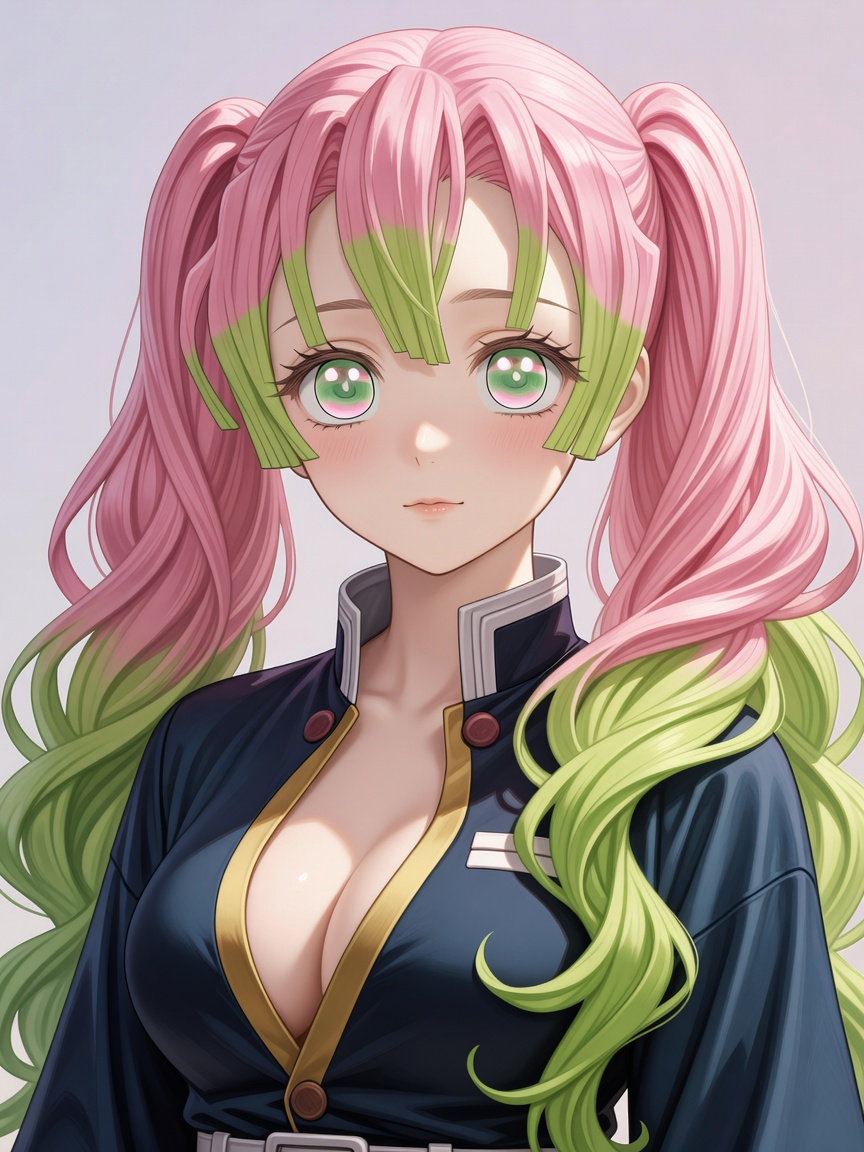 Portrait of Mitsuri Kanroji, the Love Hashira from Demon Slayer, smiling warmly