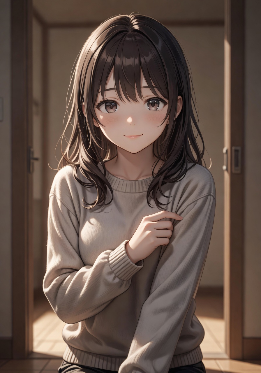 Sophia standing just inside a doorway, touching her arm nervously with a shy, hopeful smile