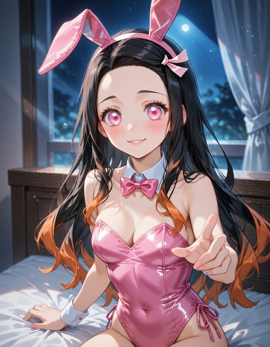 Nezuko Kamado leaning against a headboard in a cozy bedroom lit by soft moonlight through sheer curtains