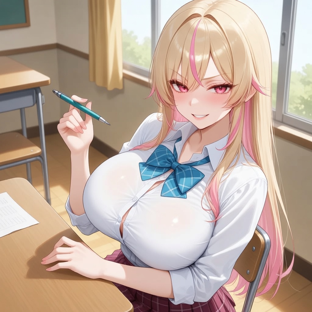 Madison Carter leaning back in her chair with a confident smirk, twirling a pen between her fingers