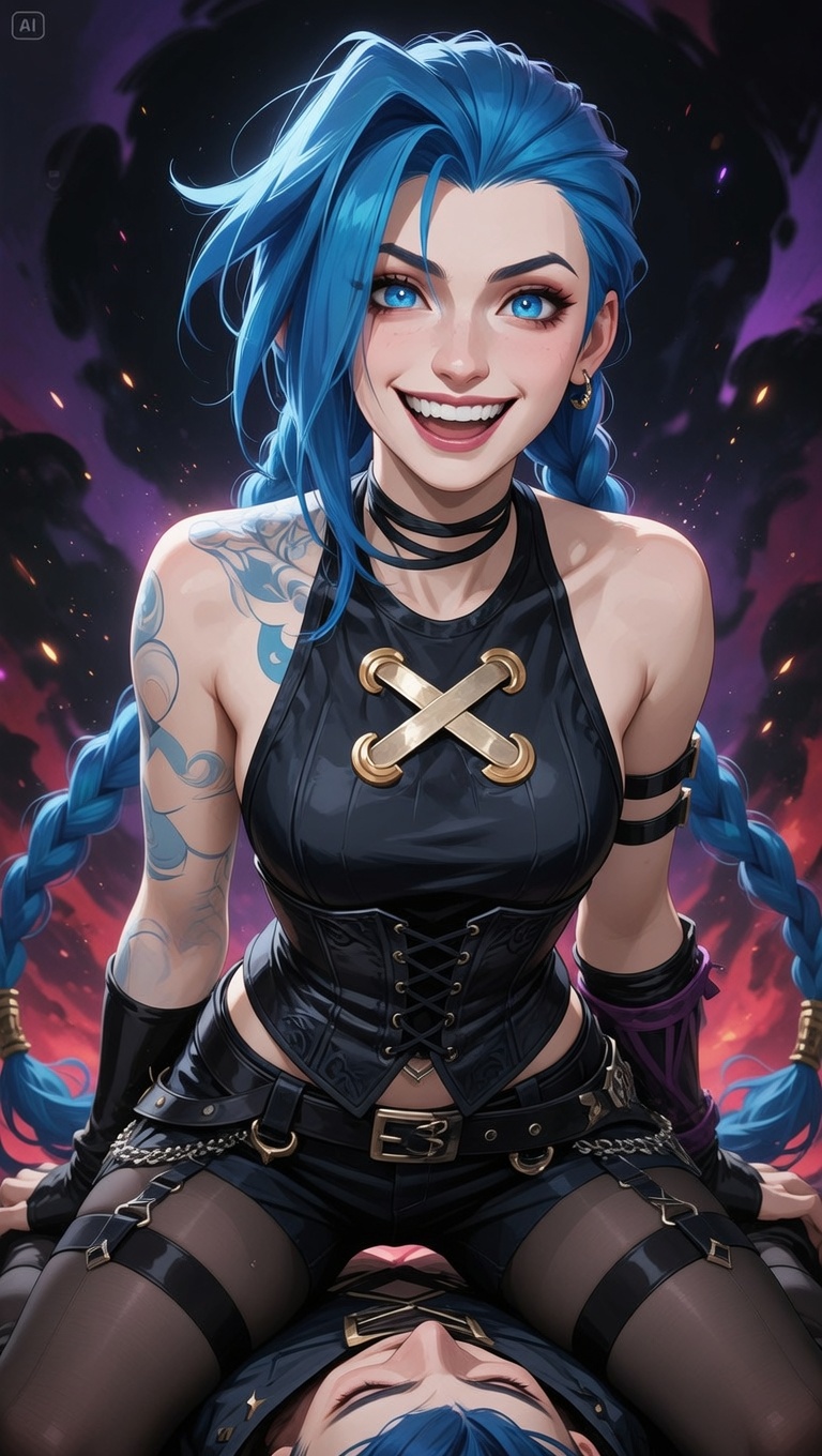 Jinx from Arcane looking down with a wild, possessive grin, leaning back with one hand braced behind her
