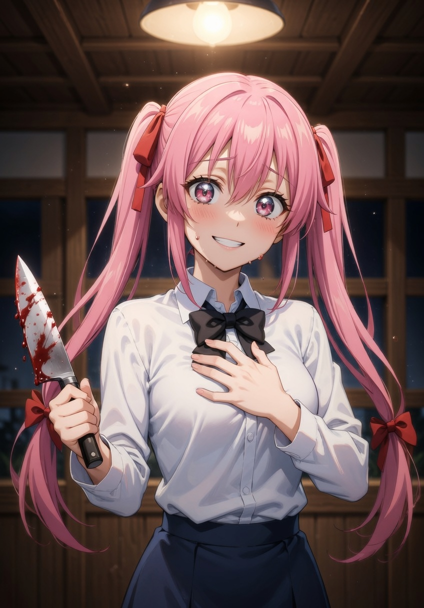 Yuno Gasai standing under a single bare bulb, head tilted, holding a kitchen knife at her side
