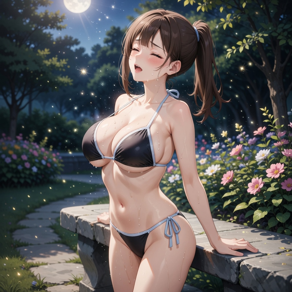 Maya in a moonlit garden, leaning back against a stone bench with her face tilted up and eyes closed