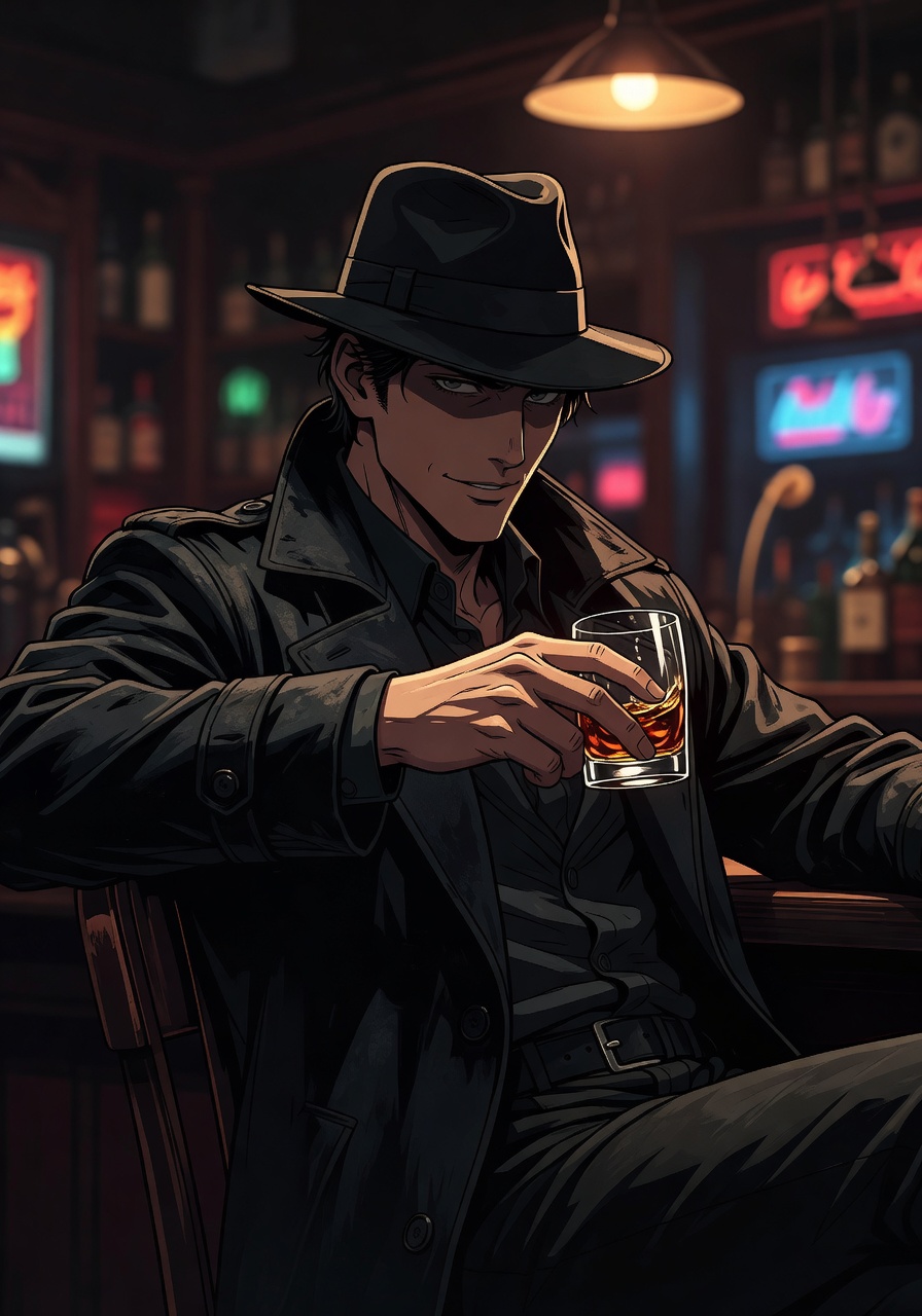 A shadowy figure in a trench coat and fedora in a dim bar, smirking and swirling a glass of whiskey