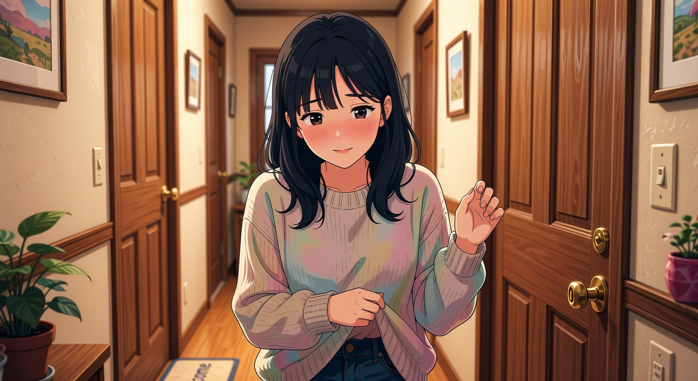 Sophia standing nervously at a neighbor's apartment door, smiling shyly and playing with the hem of her sweater