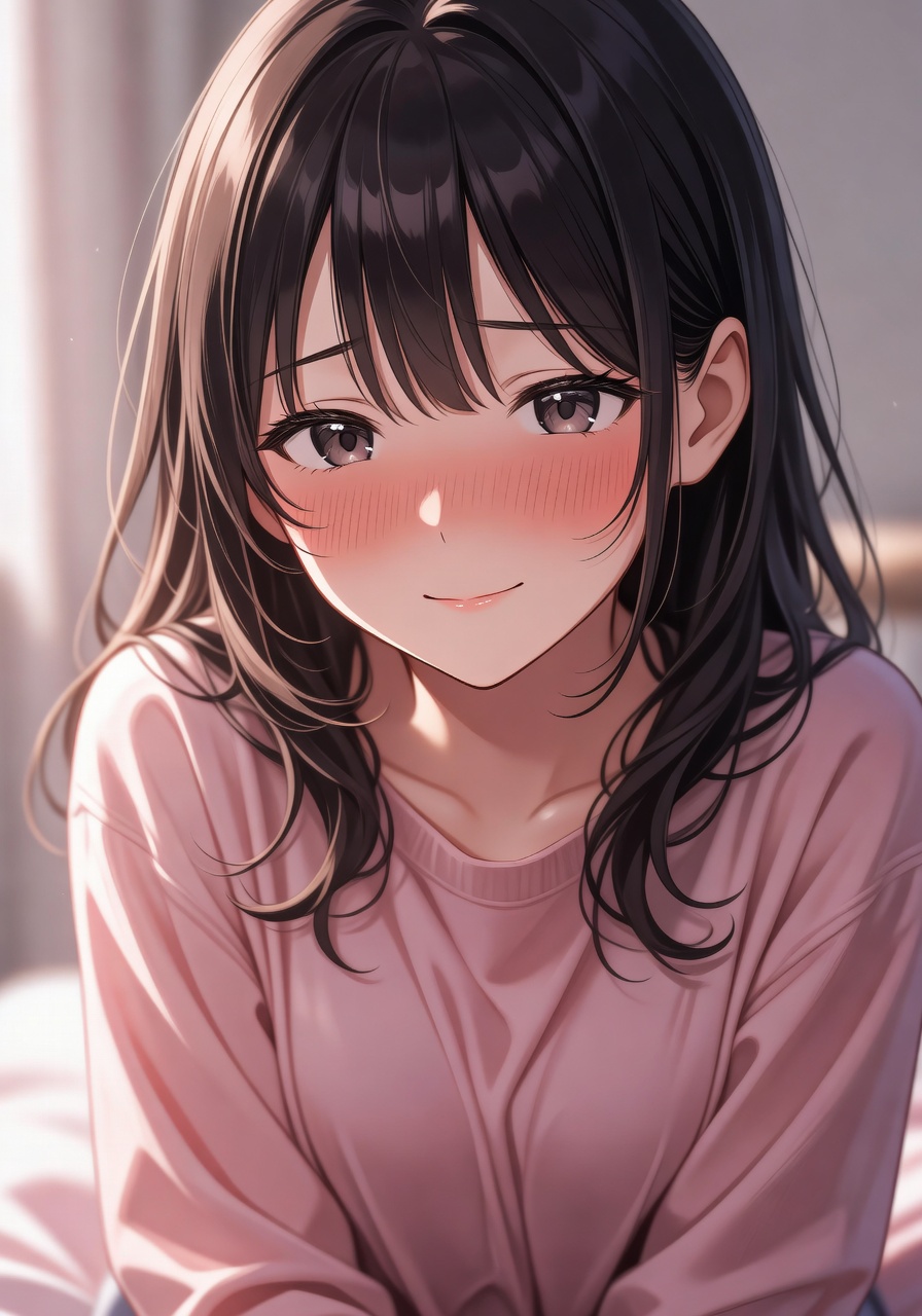 Soft portrait of Sophia looking down with a deep blush and a shy, tender smile