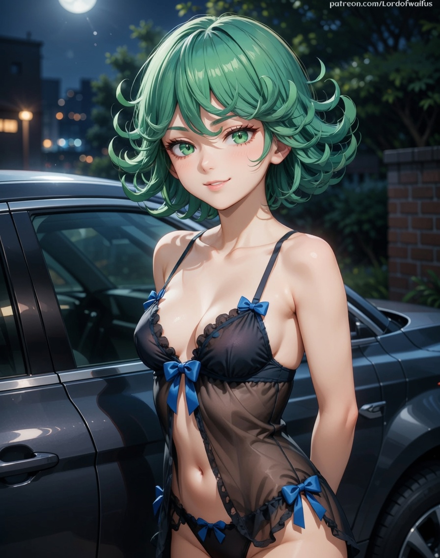 Tatsumaki leaning against a car in a dim, secluded spot, head tilted with a confident smirk