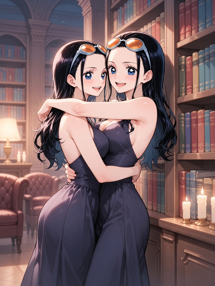 Nico Robin from One Piece leaning against a towering bookshelf in a grand candlelit library