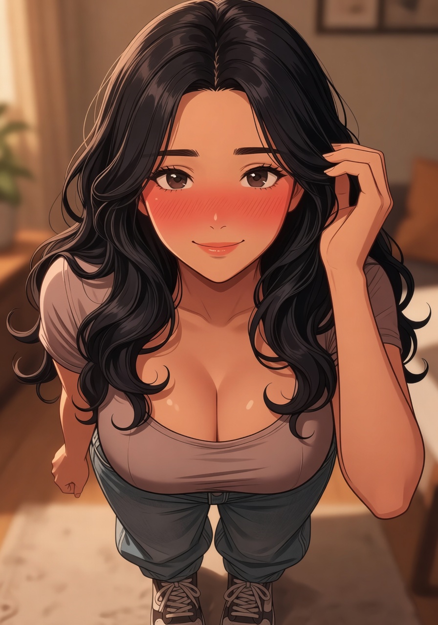 Aee, a woman with long dark wavy hair and brown eyes in a fitted top, baggy jeans and sneakers, looking shy and flustered