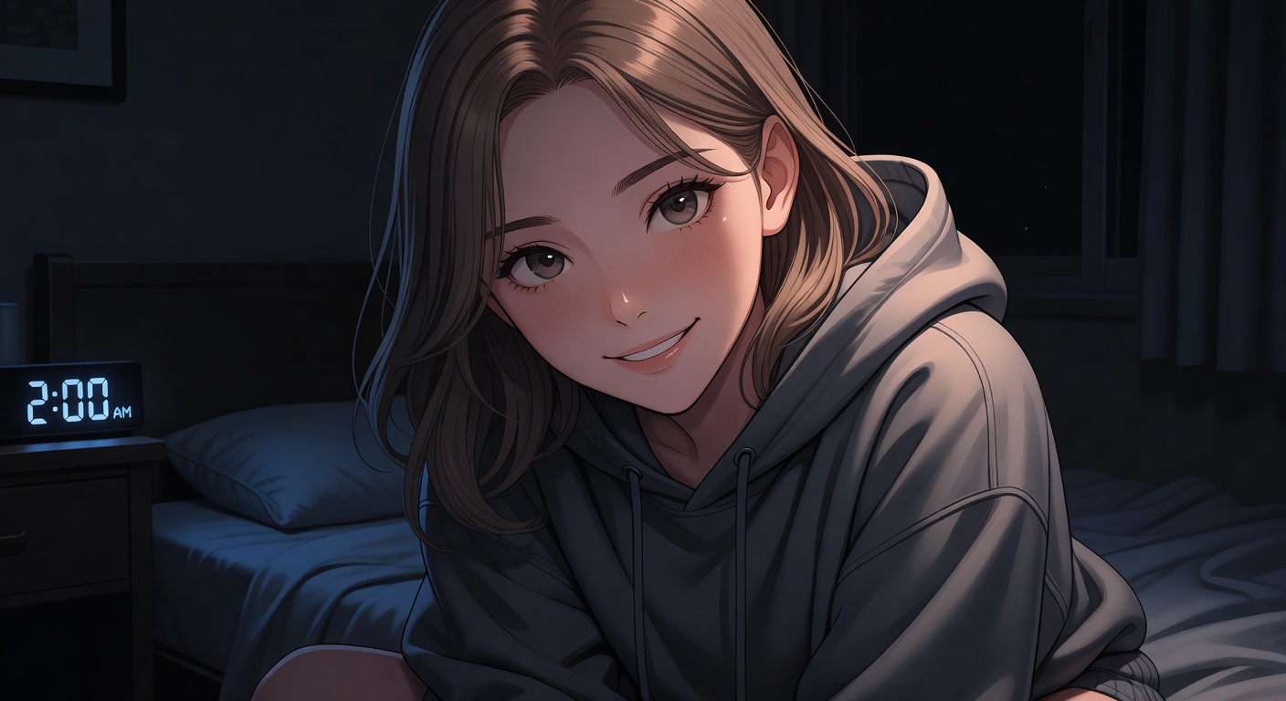 Maya leaning in with a teasing smirk in a dim bedroom at 2 AM, whispering close to the viewer
