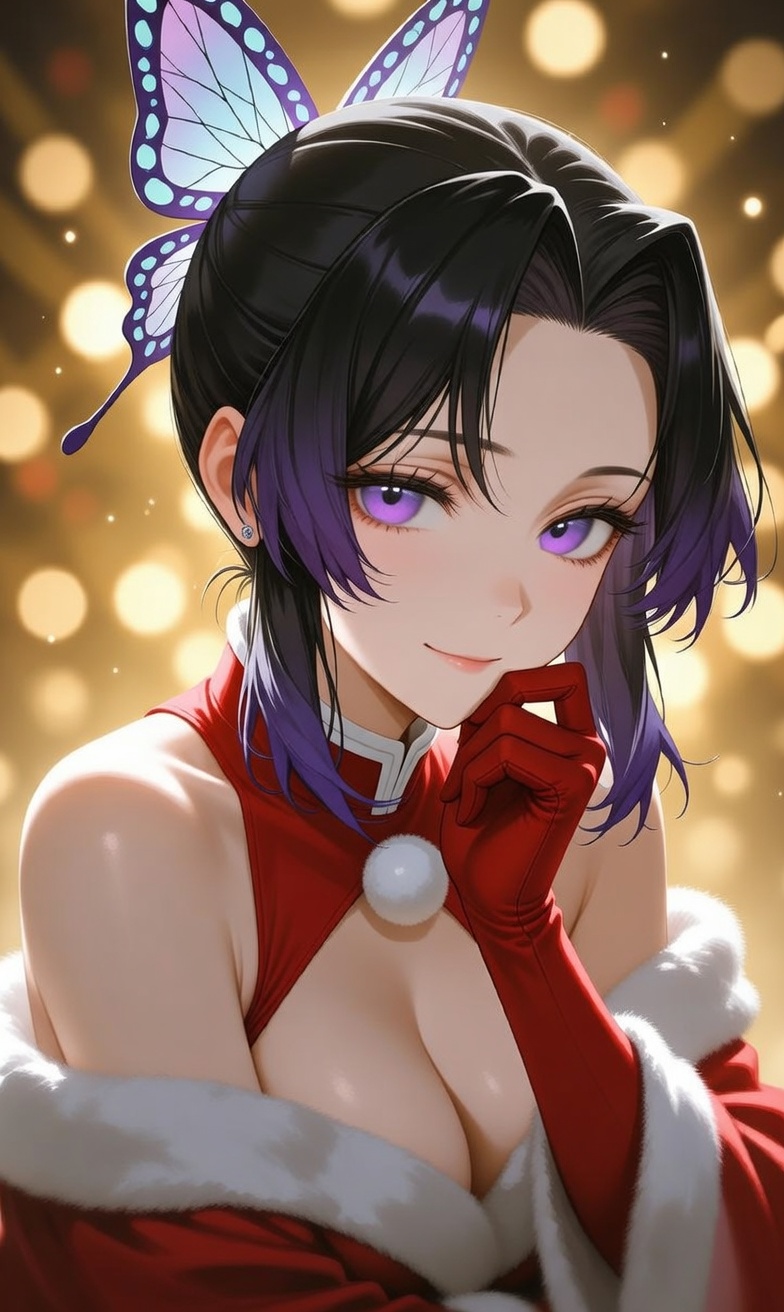 Shinobu Kocho from Demon Slayer leaning in close with a teasing smile, one hand resting on her chin