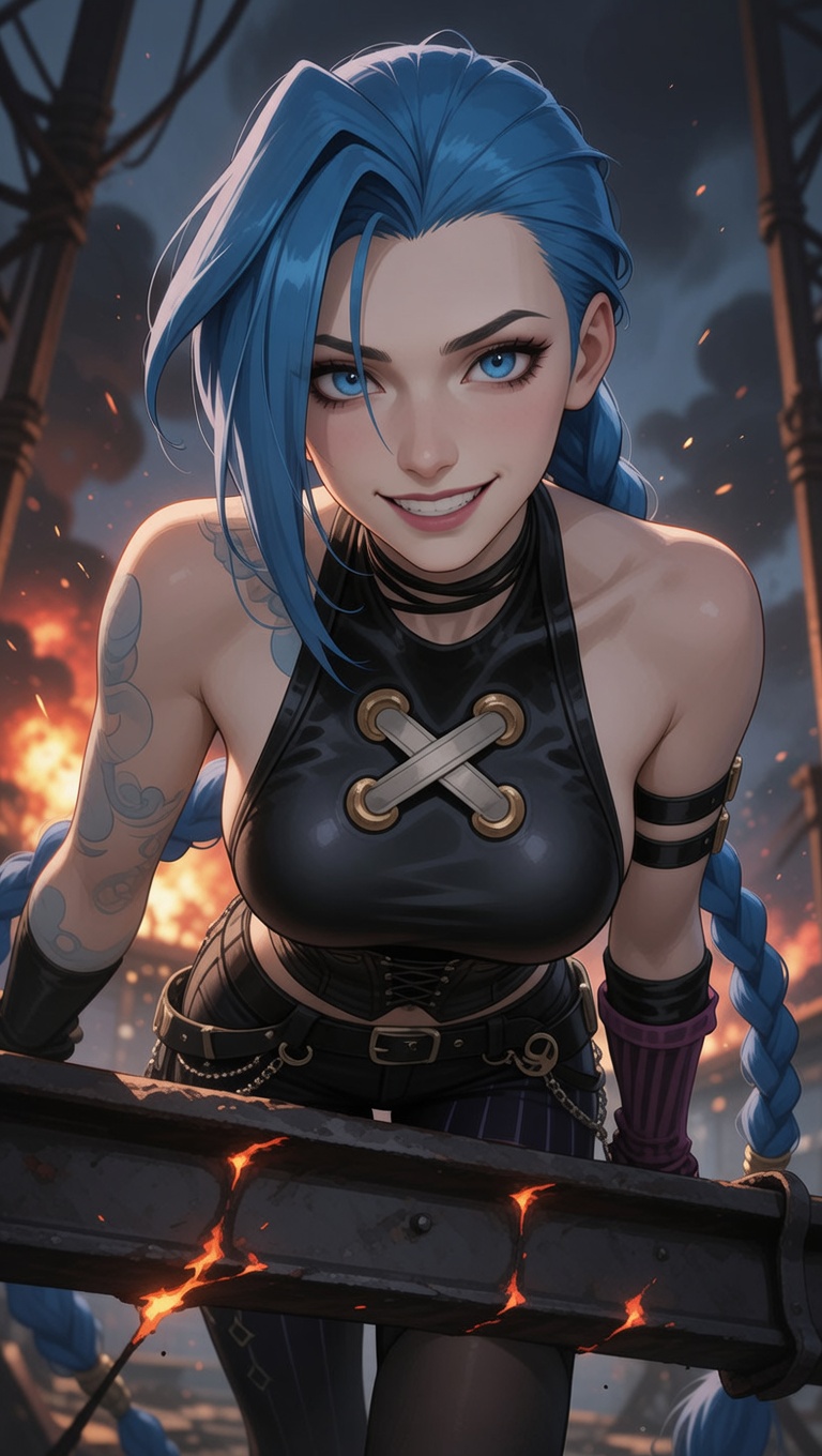 Jinx perched on a smoldering metal girder with a manic grin, lit by a distant explosion