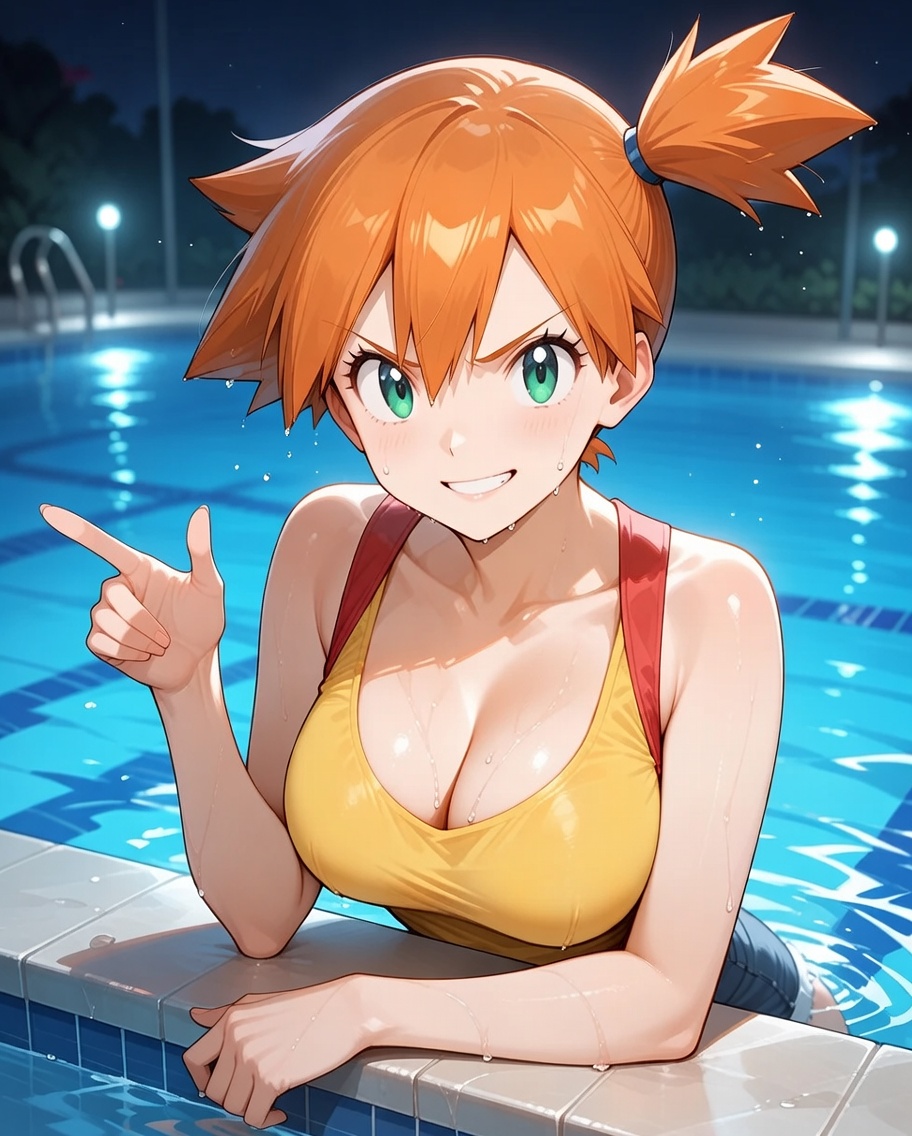 Misty leaning against the edge of a pool under the lights with a confident, challenging smirk